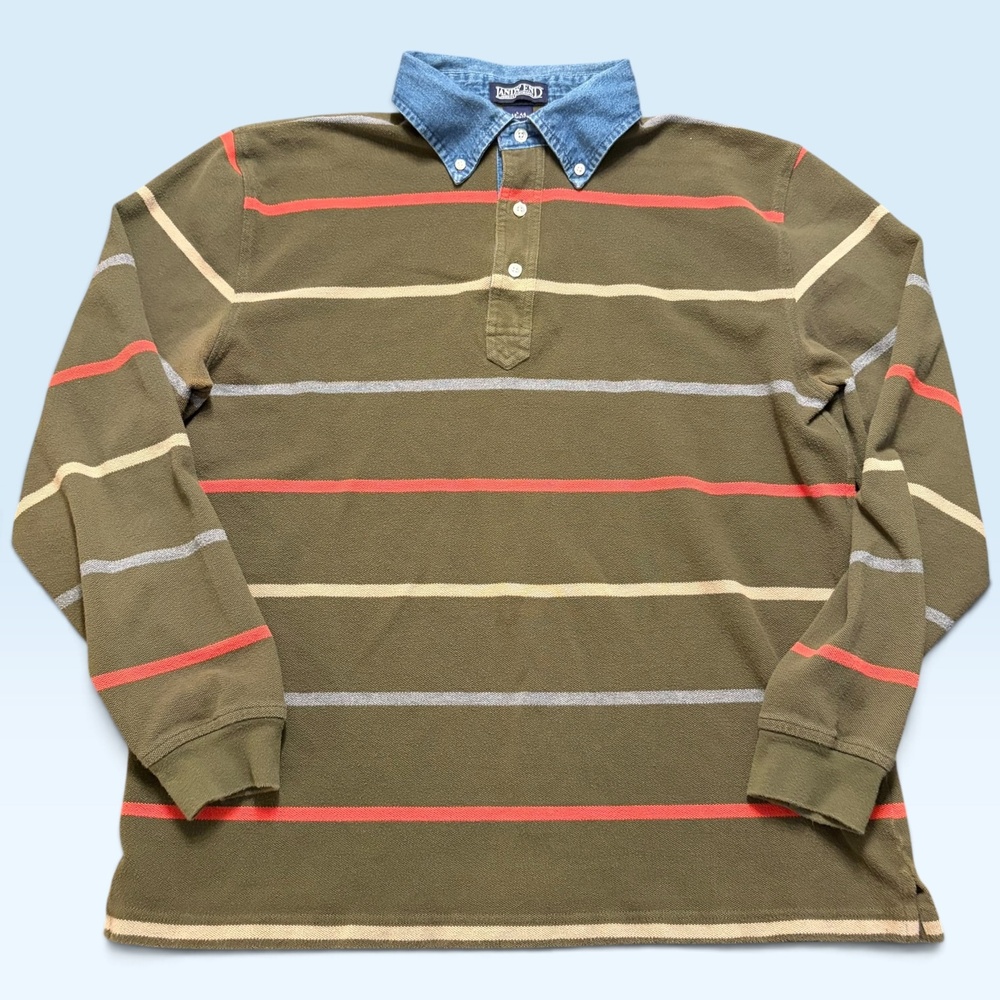 Lands' End Polo Shirt Mens Large Green Stripe Denim Collar Rugby Long Sleeve